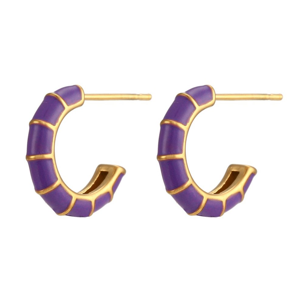Purple Bamboo C‎ Shape Hoop Huggie Earrings 18K Gold Plated Stainless
